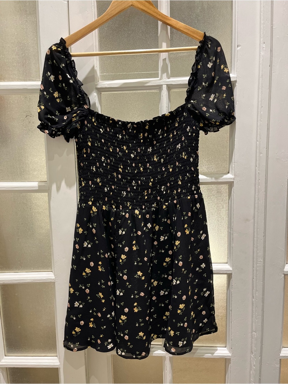 Reformation Black Floral Smocked Mini Dress with Puff Sleeves